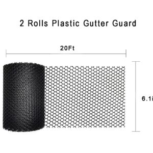 2-Pack Plastic Gutter Guard Mesh Roll 6” x 20Ft Rain Gutter Leaf Guard-Stop Clogged Gutters-with 20 Clip Fixed Hooks.DIY Gutter Protection.