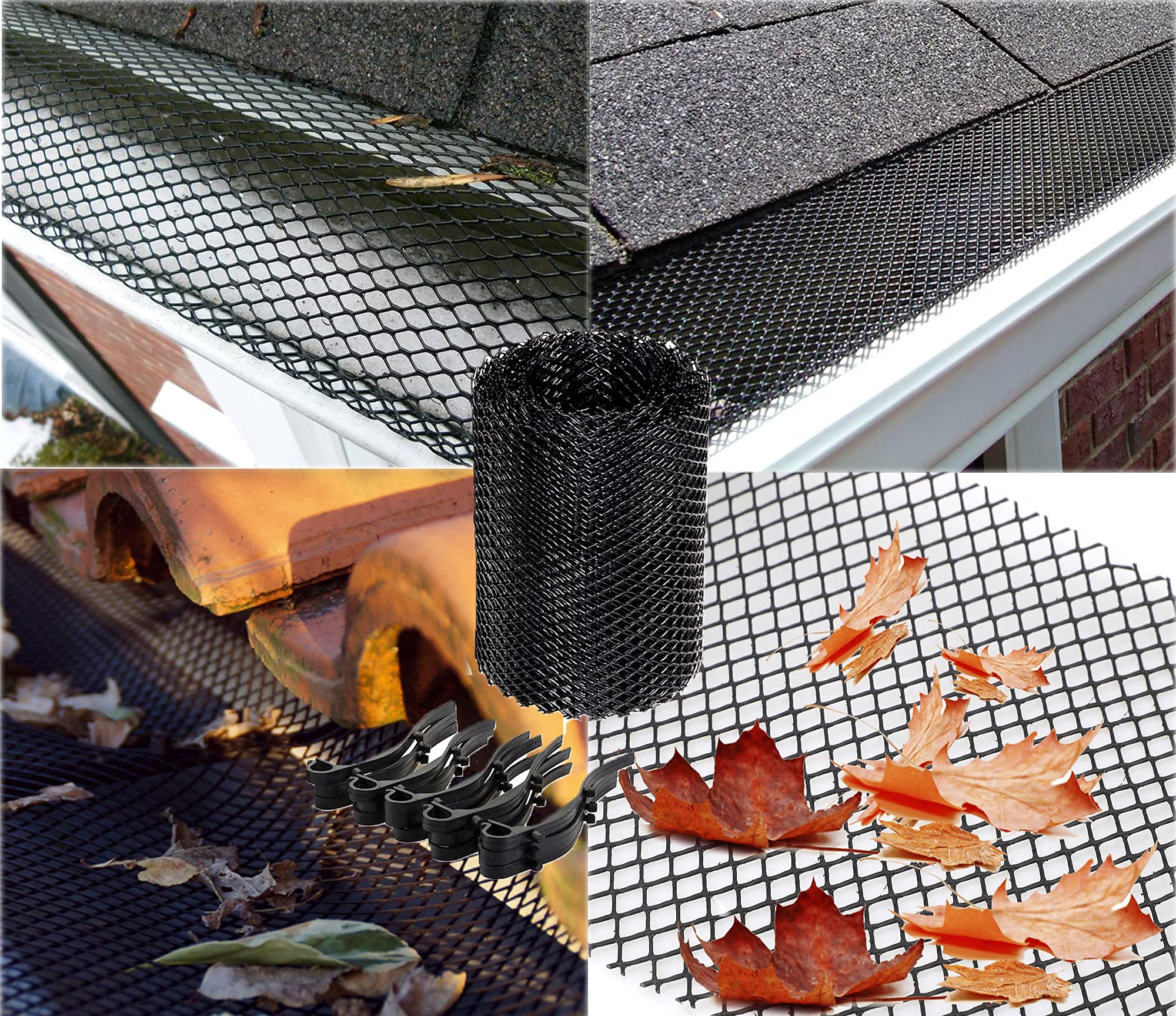 2-Pack Plastic Gutter Guard Mesh Roll 6” x 20Ft Rain Gutter Leaf Guard-Stop Clogged Gutters-with 20 Clip Fixed Hooks.DIY Gutter Protection.