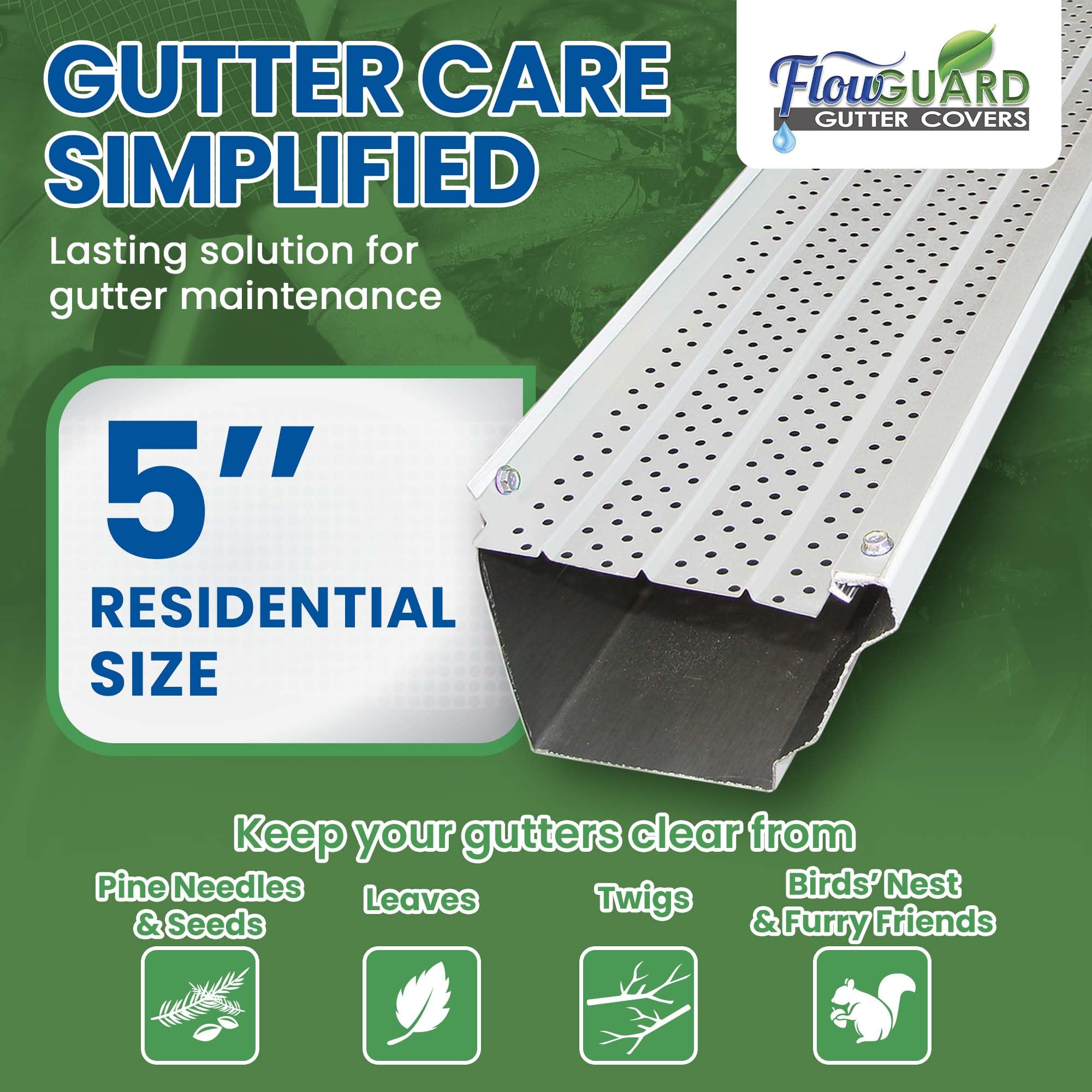 FlowGuard Premium 50-Year Gutter Cover System - White - 5 Inch Aluminum Gutter Guards, 102 Feet - By FlexxPoint