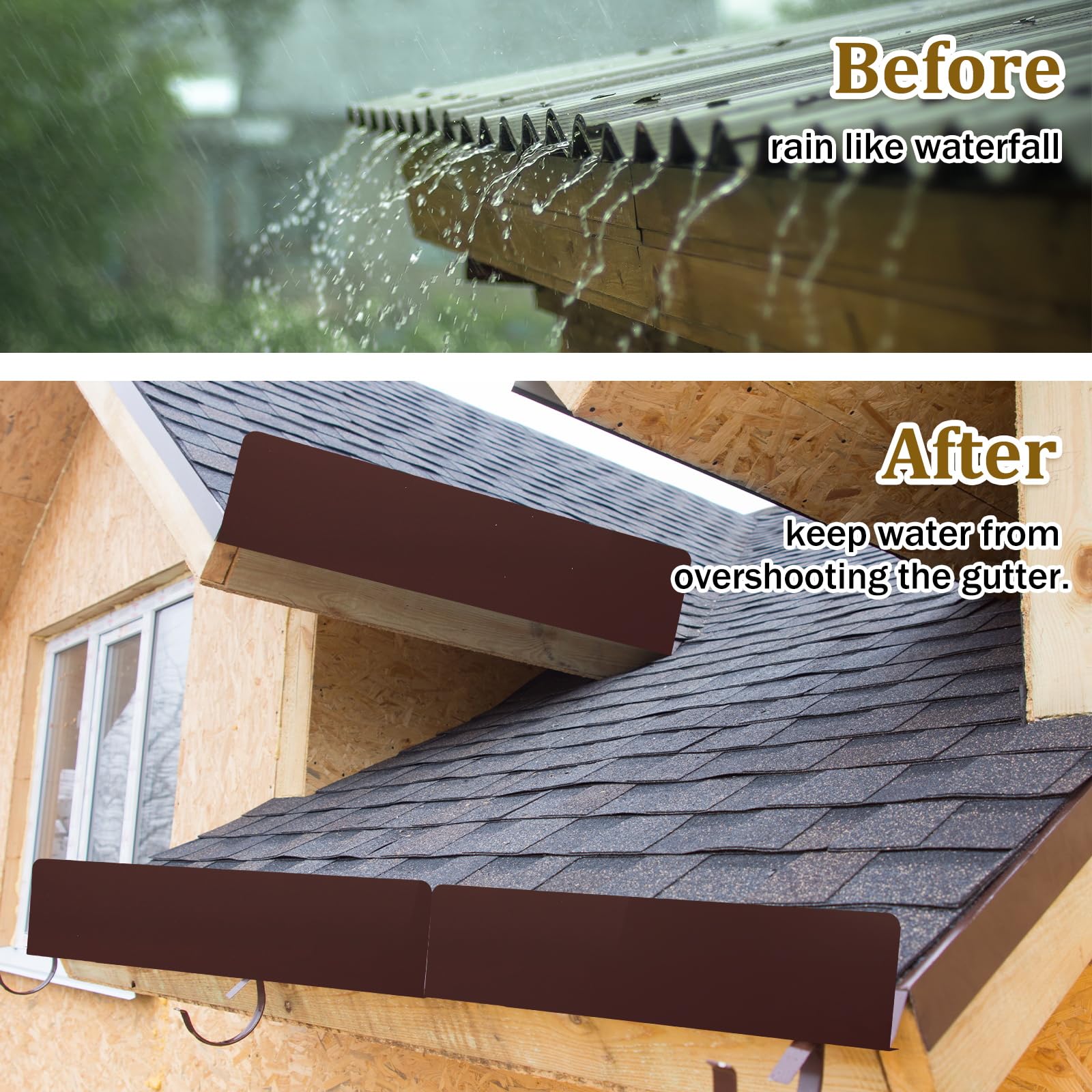 2 Pcs Gutter Valley Splash Guards Downspout Diverter Roof Rain Diverter Roofing Gutter Guards with 20 Pcs Matching Gutter Screws Rain Gutter Guards for Corner House, Brown (Straight Style)