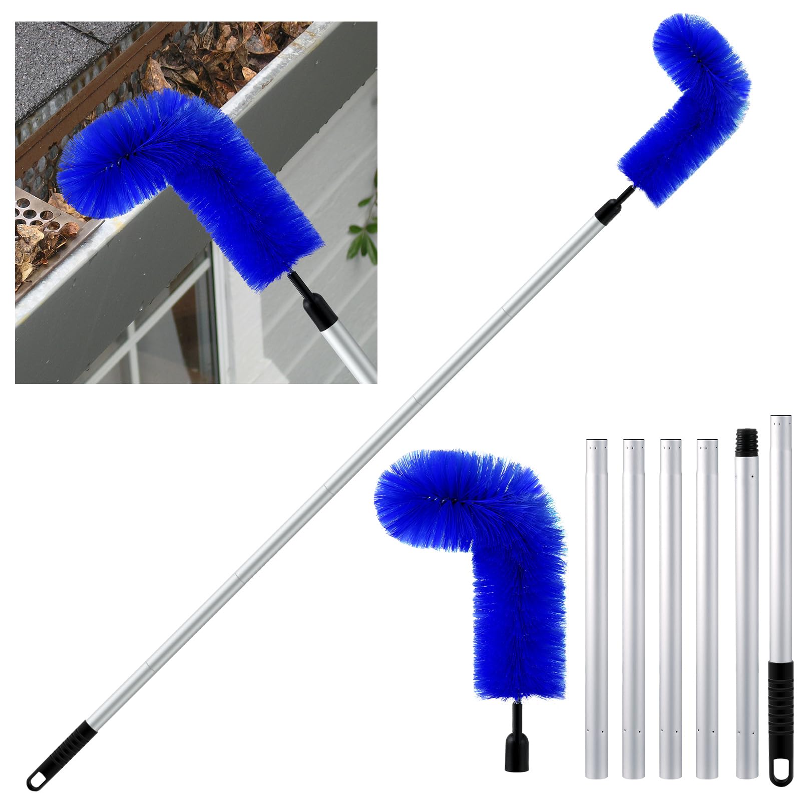 Layhit Gutter Cleaning Brush Extendable Guard Cleaner Tool with 6 Pcs Aluminum Extension Pole Long Splicing Gutter Cleaning Tools from the Ground for Easy Removing Leaves and Debris Cleaner (Blue)