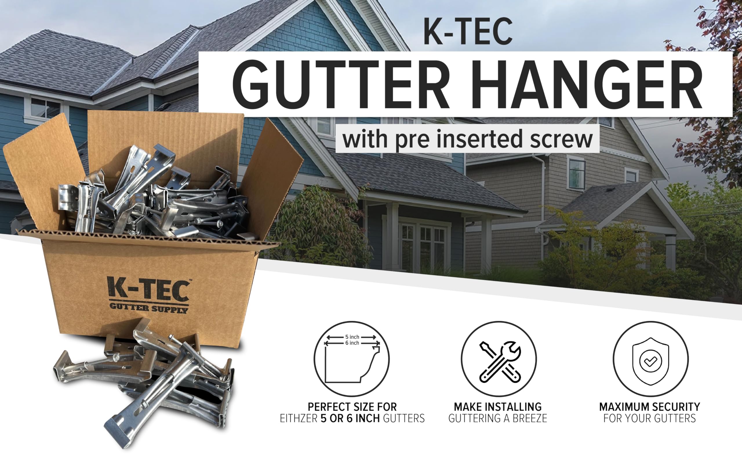 Hidden Gutter Hangers 5 Inch with a Pre-Inserted Rust Resistant Screw - Heavy Duty Rain Gutter Brackets Fastener with Clip for 5" K-Style Aluminum Gutters - Easily Repair Sagging Gutters - 50 Pack