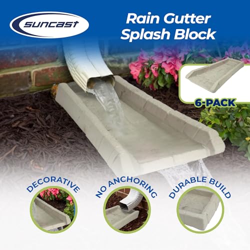 Suncast Durable Decorative Rain Gutter Downspout Erosion Prevention, Water Guard Diverter Catch Basin Tray Splash Block, Light Taupe (6 Pack)