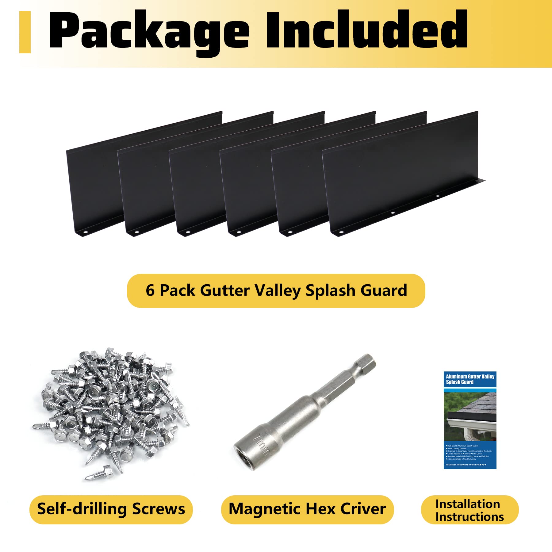 Powrocket 6 Pack Aluminum Gutter Valley Splash Guard,Keep Water from Overshooting The Gutter,for Valley,Corner,or Straight,10 inch Each Piece,Black