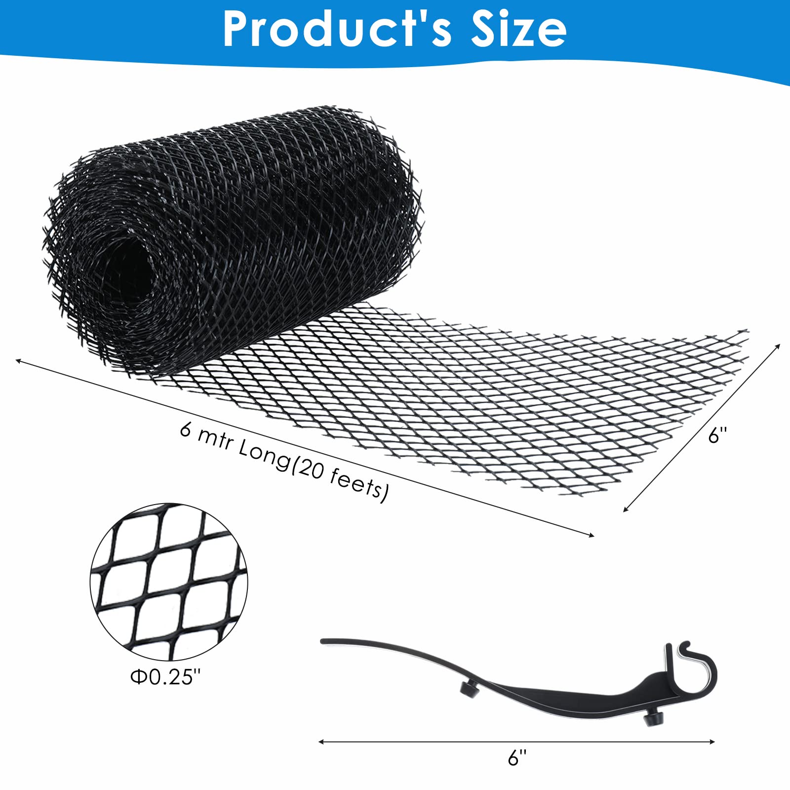 WerkWeit Gutter Guard Mesh 2 Rolls Plastic Gutter Guard 6” Wide x 20Ft Long Gutter Leaf Guards with 30 Clip Fixing Hooks Gutter Protector Mesh Screen Prevent Gutter Drain Downspout Clogging