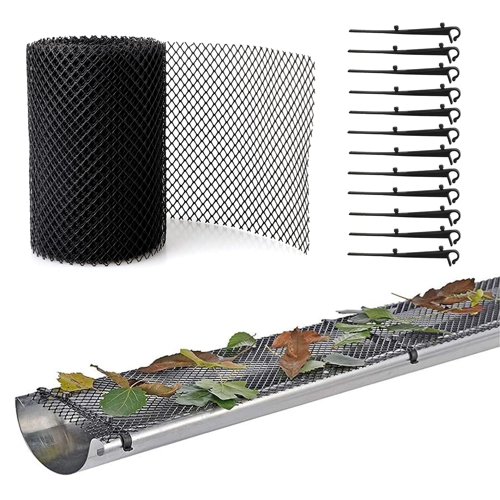 ZRSWV Plastic Gutter Guard Mesh Protector, Screen Roll 6in x 20ft with 12 Clip Fixing Hooks, Leaf Protection Cover Netting to Stop Drain and Guttering Leaf or Debris Blockages