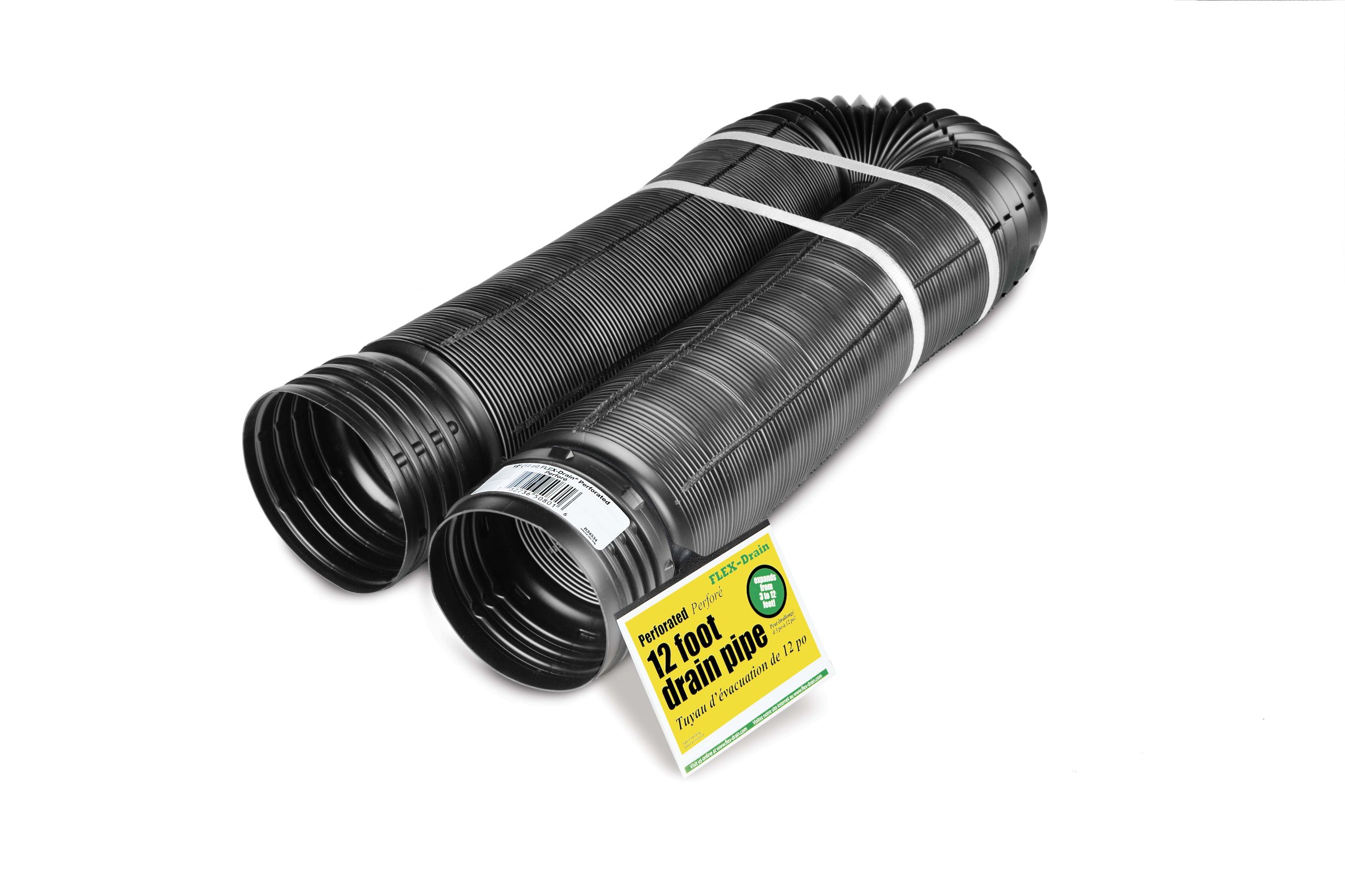 Flex-Drain 51910 Flexible/Expandable Landscaping Drain Pipe, Perforated, 4-Inch by 12-Feet , Black