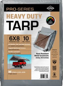 6x8 heavy duty tarp, 10 mil thick, waterproof, high durability, tear & fade resistant, uv treated, grommets every 18 inches (6' x '8' feet)