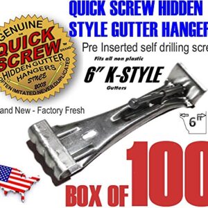 Quick Screw 6" inch Aluminum Hidden Rain Gutter Bracket Hook Clip Style Hangers with pre Inserted 3" Long ¼" hex Head self Drilling Screw (100 Per Package)