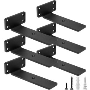 hitomen heavy duty floating shelf brackets, 6-inch (1/5'' thick) hidden shelves hardware, cast iron l brackets, rustic industrial black metal wall shelving supports, 6 pack