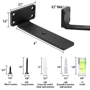 HITOMEN Heavy Duty Floating Shelf Brackets, 6-Inch (1/5'' Thick) Hidden Shelves Hardware, Cast Iron L Brackets, Rustic Industrial Black Metal Wall Shelving Supports, 6 Pack