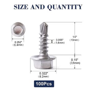 #8 x 1/2" Sheet Metal Screws 100PCS 410 Stainless Steel Hex Washer Head Fast Self Tapping Screws by SG TZH