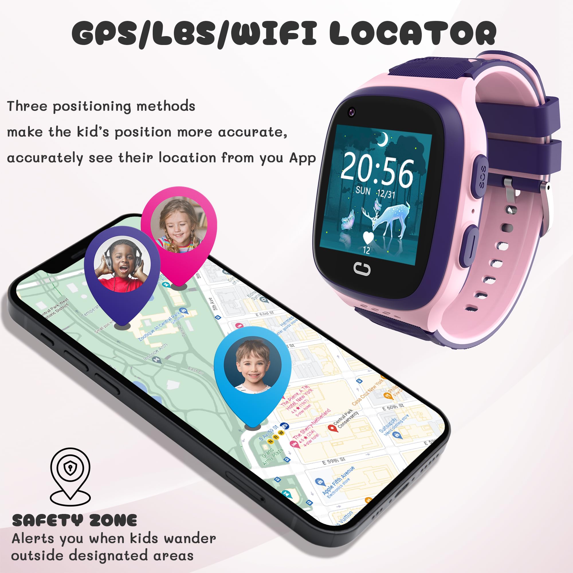 Spodus Smart Watch for Kids with GPS Tracker Cell Phone Watch for Girls 5-12 Video Call Watch with One-Key SOS Call Pedometer Alarm for Kids (Including SIM Card)