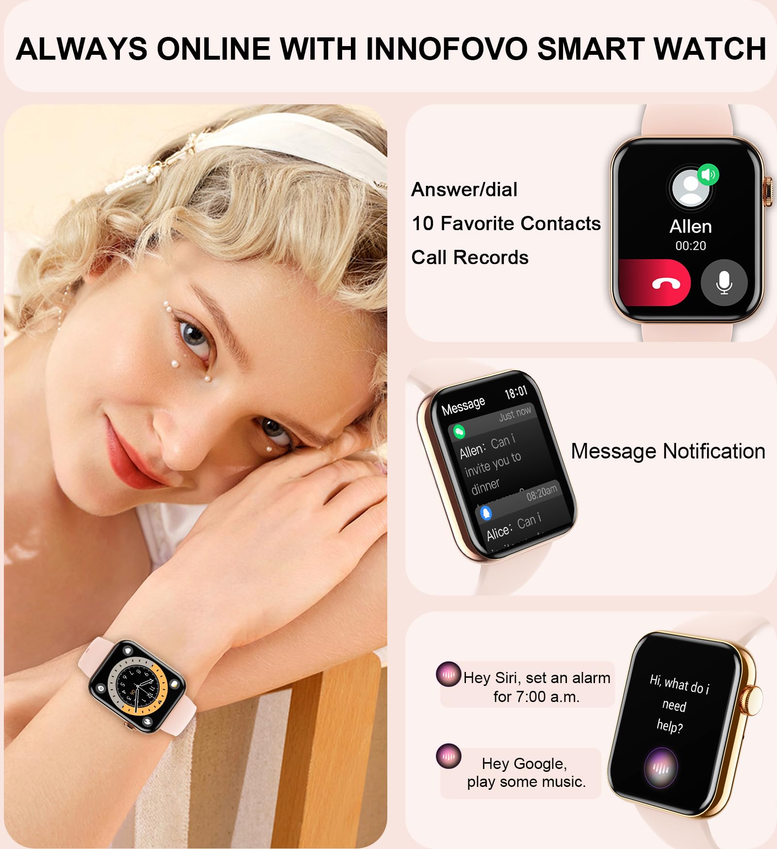 INNOFOVO Smart Watches for Women (Answer/Make Calls), 1.85" Smart Watch for Android iOS Phones Waterproof Smartwatch Fitness Tracker with Heart Rate Sleep Monitor Pedometer Fitness Watch, Gold