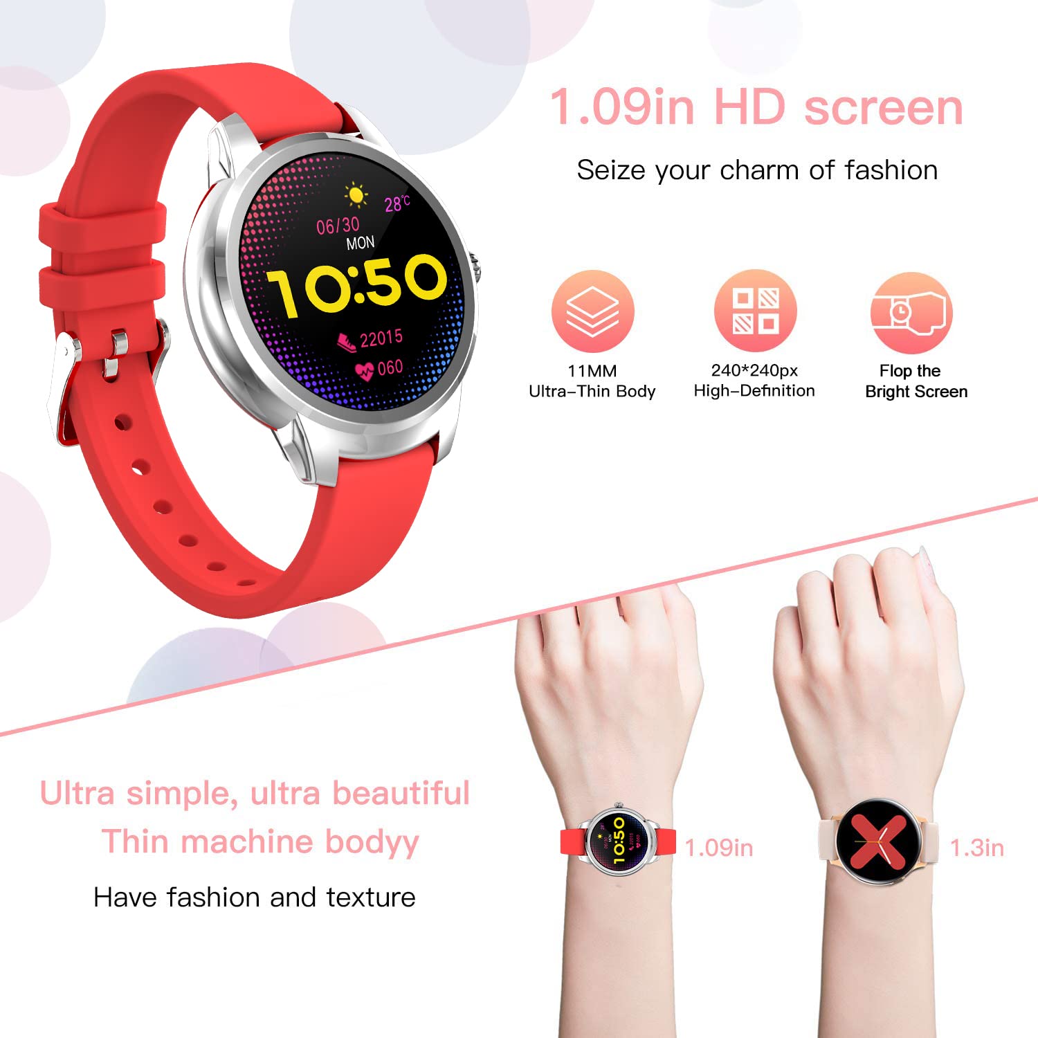 Smart Watch for Women Fitness Tracker Smartwatch for Android and iOS Phones IP67 Waterproof Fitness Watch Activity Tracker with 1.09" Touch Screen Heart Rate Sleep Monitor Steps Tracking