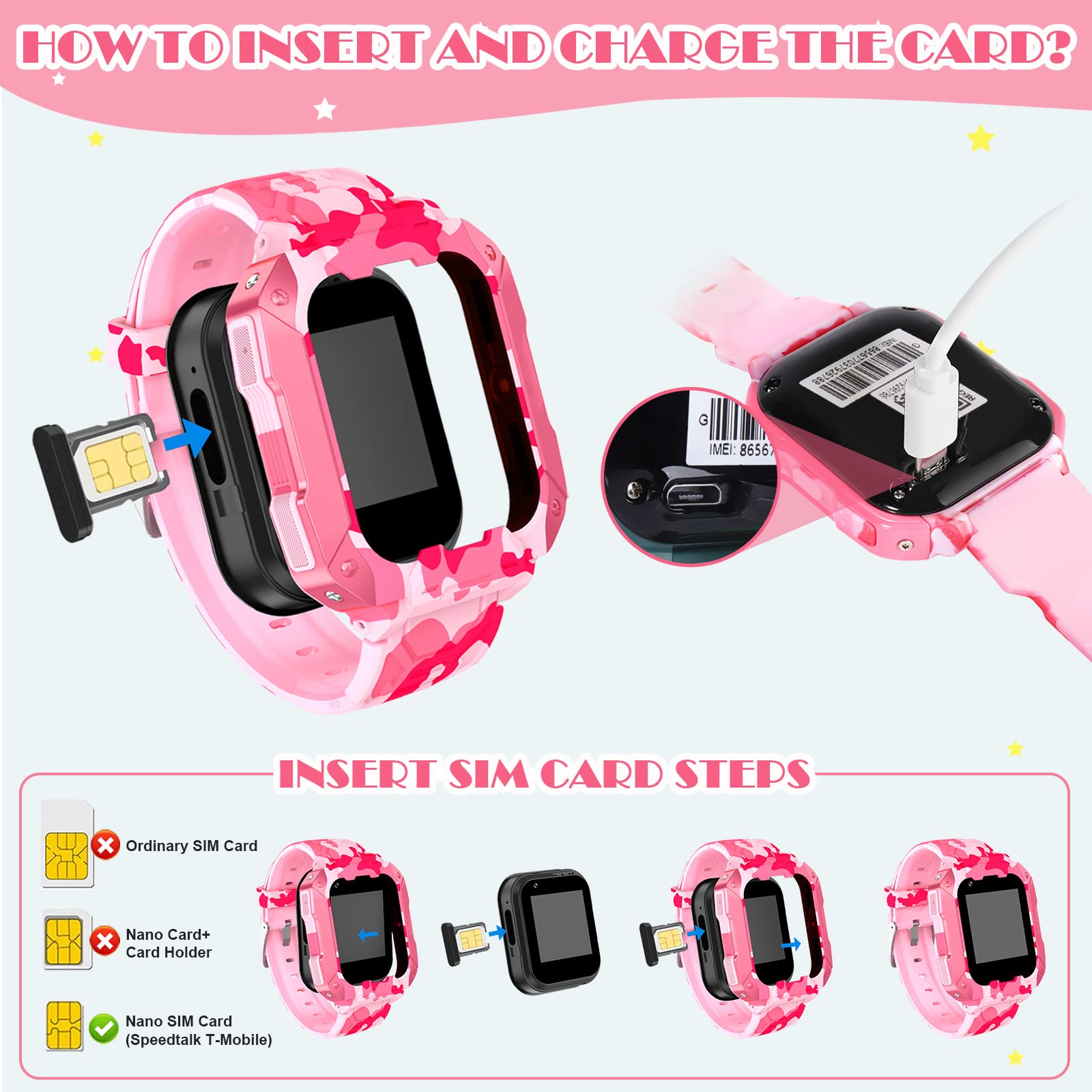 cjc Kids Smart Watches Girls for Age 3-15,GPS Tracker for Kids with Voice Chat,3 Way-Calling,Camera Smart GPS Watches with SIM Slot for Toddler New Year Gift(Pink Camouflage)