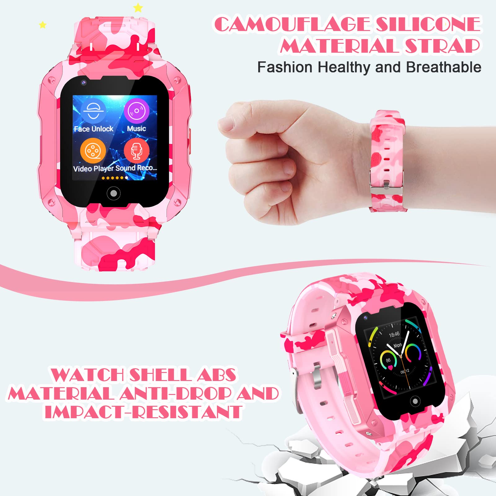 cjc Kids Smart Watches Girls for Age 3-15,GPS Tracker for Kids with Voice Chat,3 Way-Calling,Camera Smart GPS Watches with SIM Slot for Toddler New Year Gift(Pink Camouflage)