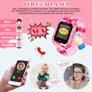 cjc Kids Smart Watches Girls for Age 3-15,GPS Tracker for Kids with Voice Chat,3 Way-Calling,Camera Smart GPS Watches with SIM Slot for Toddler New Year Gift(Pink Camouflage)