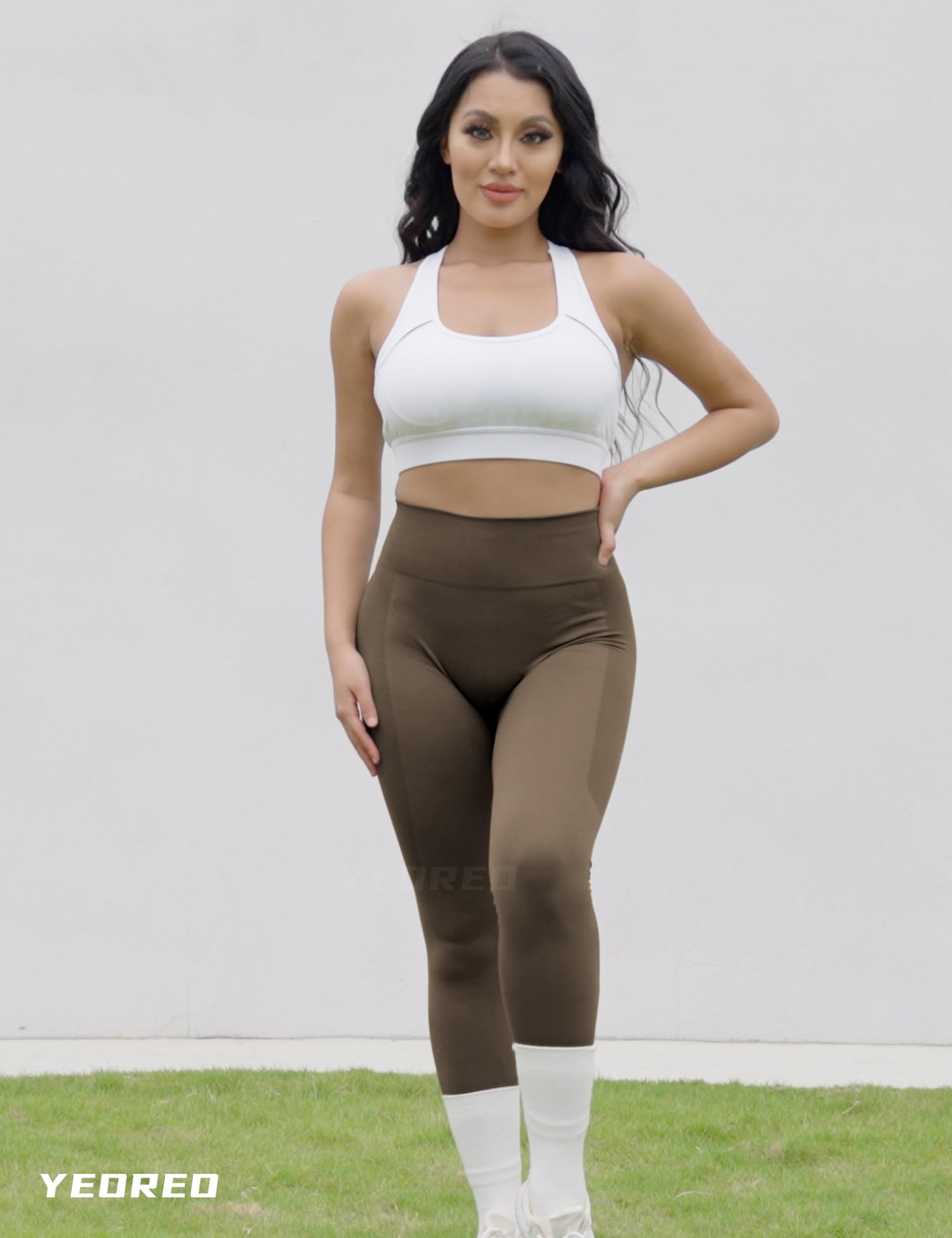 YEOREO Amplify Leggings for Women Seamless Scrunch Leggings Butt Lifting Gym High Waisted Athletic Leggings Coffee