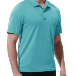 Rdruko Men's Polo Shirts with Pocket Short Sleeve Dry Fit Golf Sports Collared Shirts(Ocean Blue, US XL)