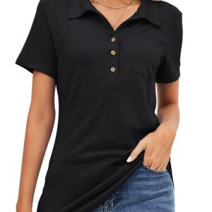 TFSDOD Womens Casual Polo T Shirts V Neck Short Sleeve Button Down Business Casual Tops Loose Work Blouses Black S