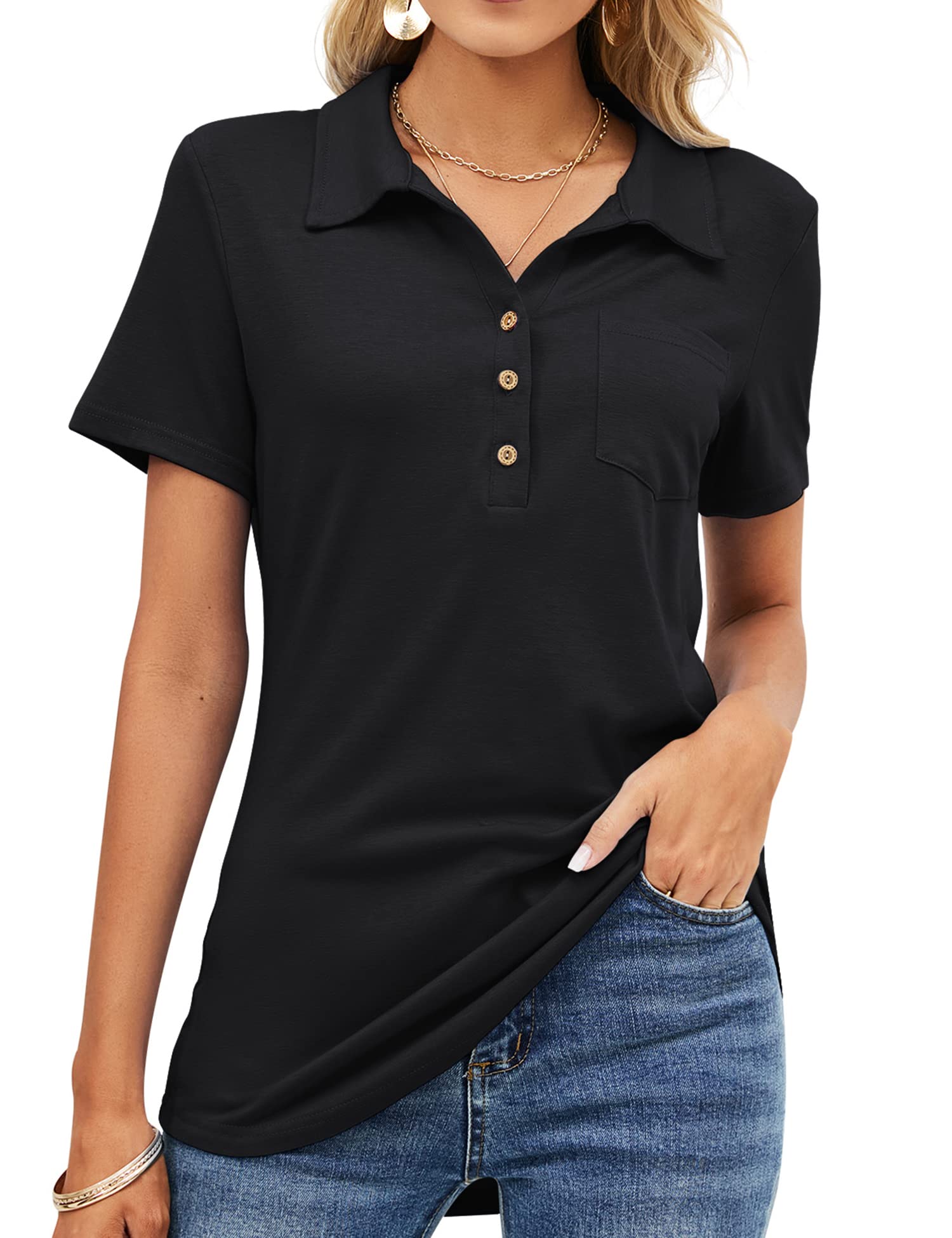 TFSDOD Womens Casual Polo T Shirts V Neck Short Sleeve Button Down Business Casual Tops Loose Work Blouses Black S