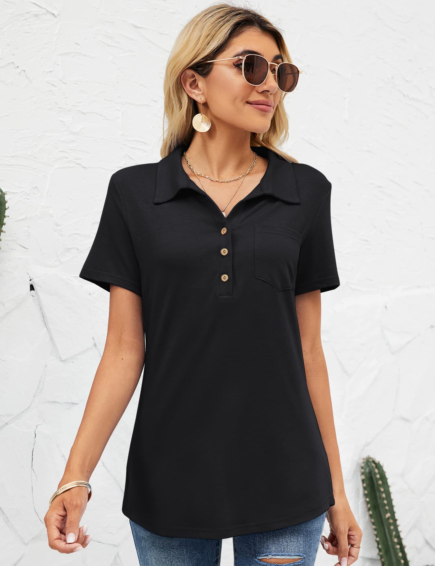 TFSDOD Womens Casual Polo T Shirts V Neck Short Sleeve Button Down Business Casual Tops Loose Work Blouses Black S