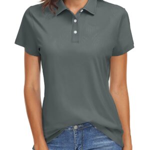 TACVASEN Women's Polo Sun Protection Athletic Shirts Short Sleeve Golf Shirt 3-Buttons Collared Tops, Dark Grey, S