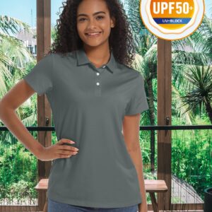 TACVASEN Women's Polo Sun Protection Athletic Shirts Short Sleeve Golf Shirt 3-Buttons Collared Tops, Dark Grey, S