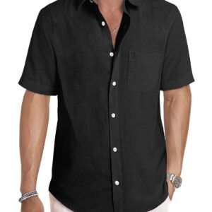 JMIERR Mens Summer Casual Stylish Short Sleeve Button-Up Shirts Cotton Linen Solid Color Business Dress Shirts Beach T Shirt, 2XL, Black