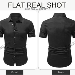 JMIERR Mens Summer Casual Stylish Short Sleeve Button-Up Shirts Cotton Linen Solid Color Business Dress Shirts Beach T Shirt, 2XL, Black