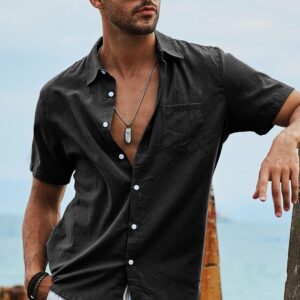 JMIERR Mens Summer Casual Stylish Short Sleeve Button-Up Shirts Cotton Linen Solid Color Business Dress Shirts Beach T Shirt, 2XL, Black