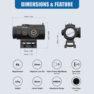 Vector Optics Paragon 4x24 Compact CQB Prism Optics Scope 10 Levels Illumination 1MOA Adjustment IP67 Waterproof for Fast Target Acquisition in Close to Medium-Range Shooting for 21mm Picatinny Rail