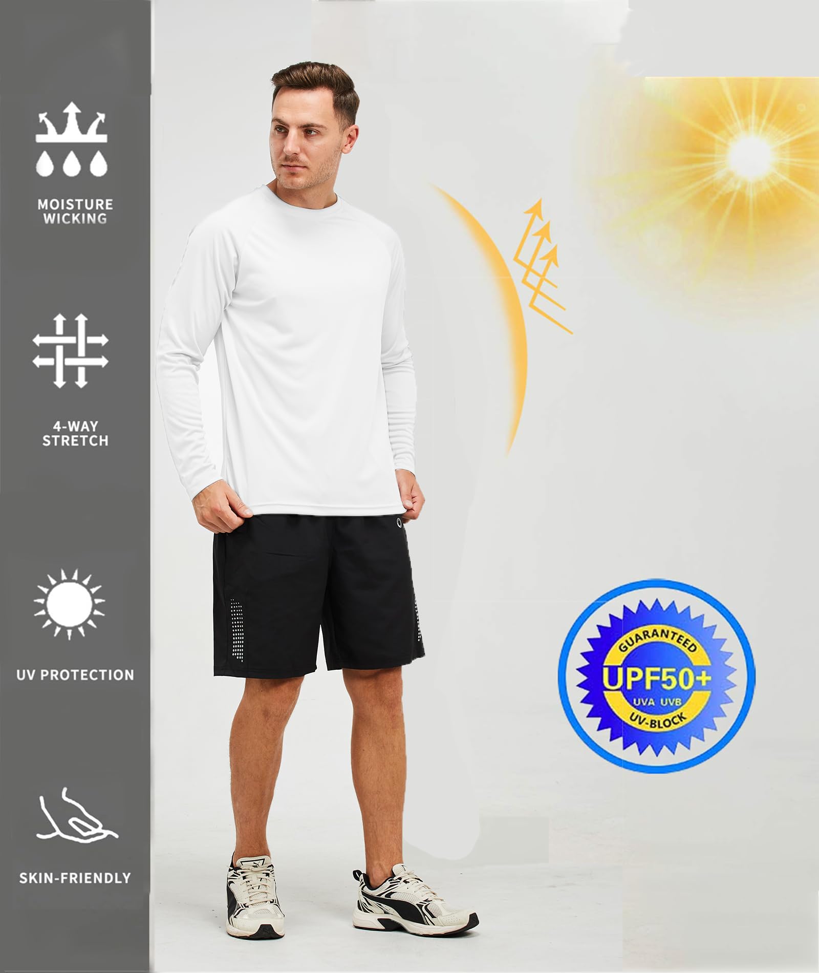 Men's UPF 50+ Long Sleeve Shirts UV Sun Protection Quick Dry Workout Shirts for fishing Running Hiking white S