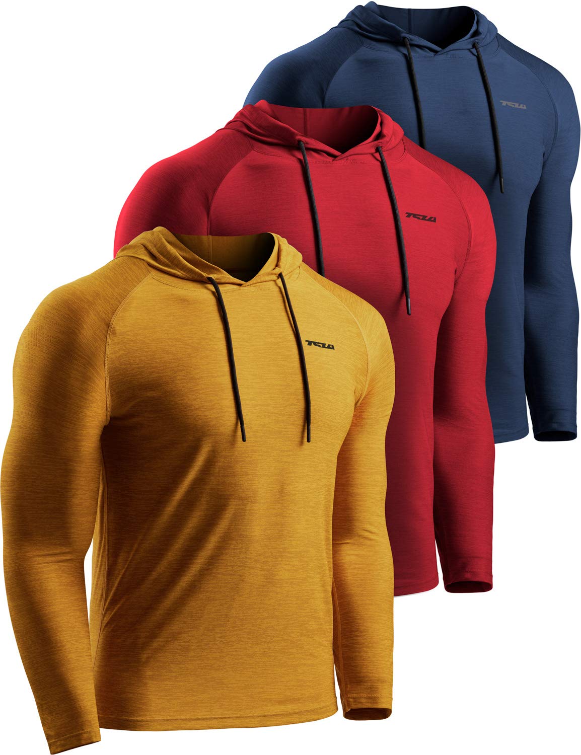 TSLA Men's Long Sleeve Pullover, Dry Fit Running Workout Shirts, Athletic Fitness & Gym Shirt, Hoodie Pullover Navy/Red/Yellow, X-Large