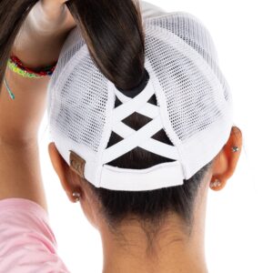 Funky Junque Ponytail Messy Bun Trucker Ponycap (Mesh - White w/Criss Cross Back)