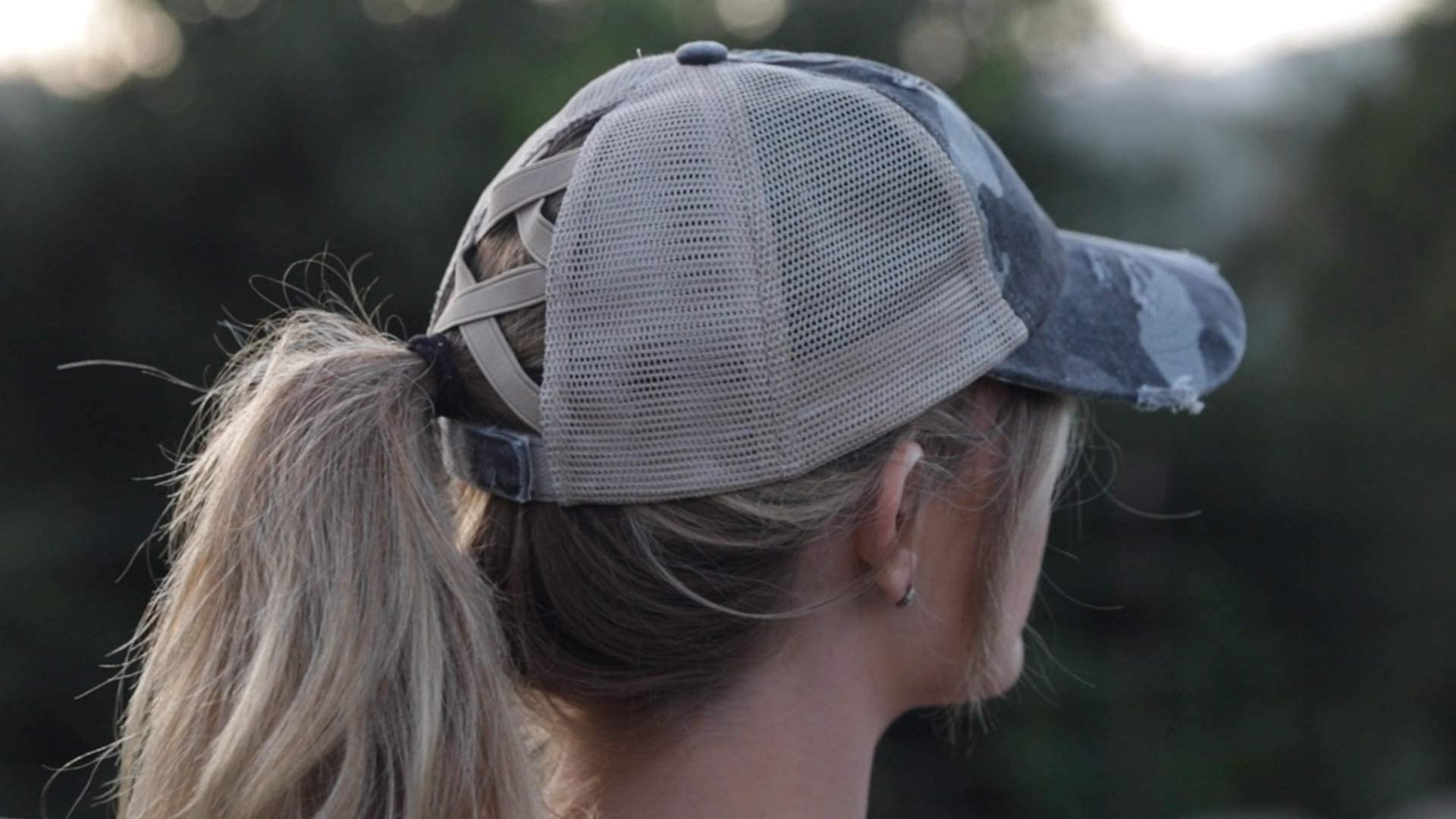 Funky Junque Ponytail Messy Bun Trucker Ponycap (Mesh - White w/Criss Cross Back)