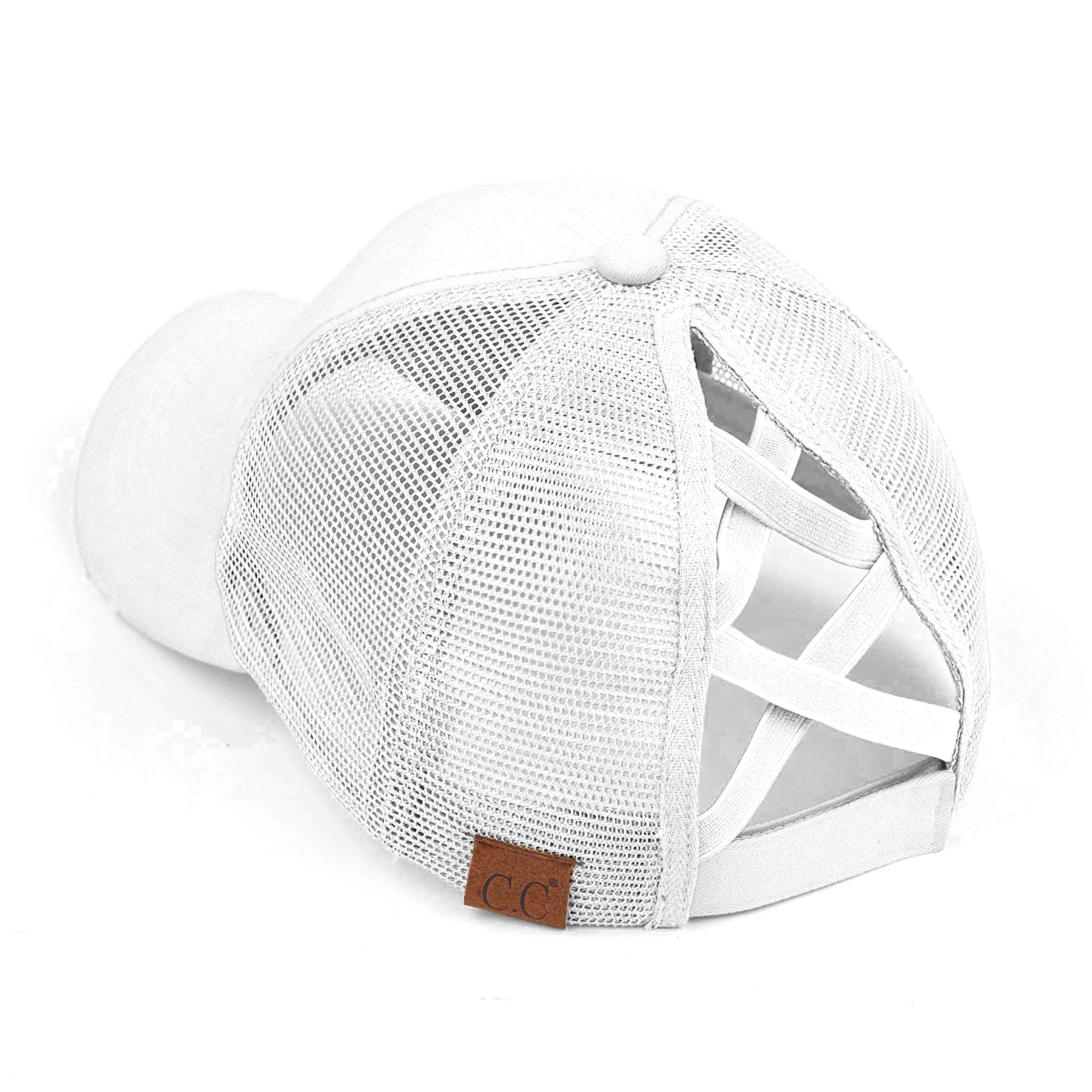 Funky Junque Ponytail Messy Bun Trucker Ponycap (Mesh - White w/Criss Cross Back)