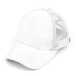 Funky Junque Ponytail Messy Bun Trucker Ponycap (Mesh - White w/Criss Cross Back)