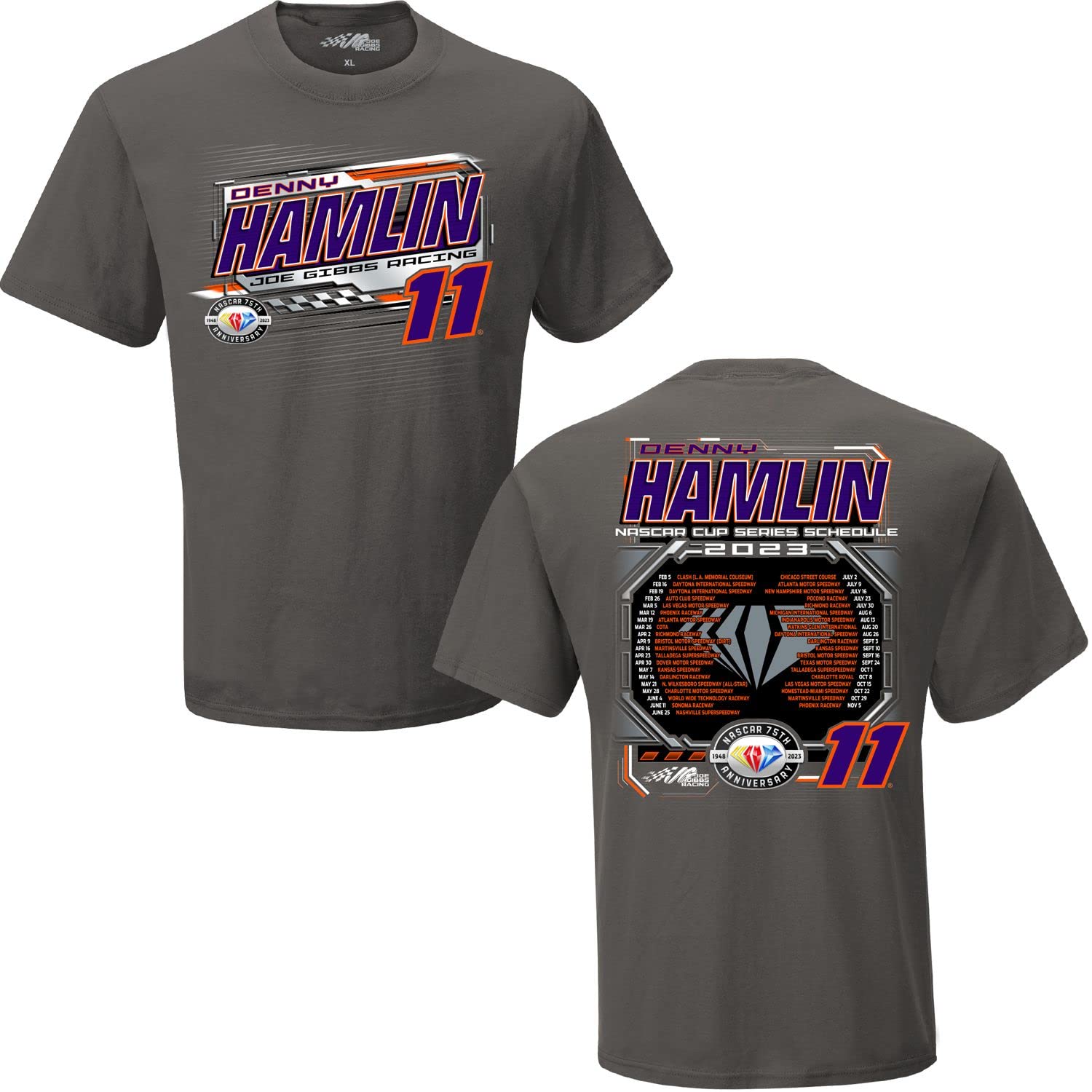 Checkered Flag Sports Denny Hamlin 2023 Cup Series Schedule T-Shirt Gray (as1, Alpha, l, Regular, Regular, Large)