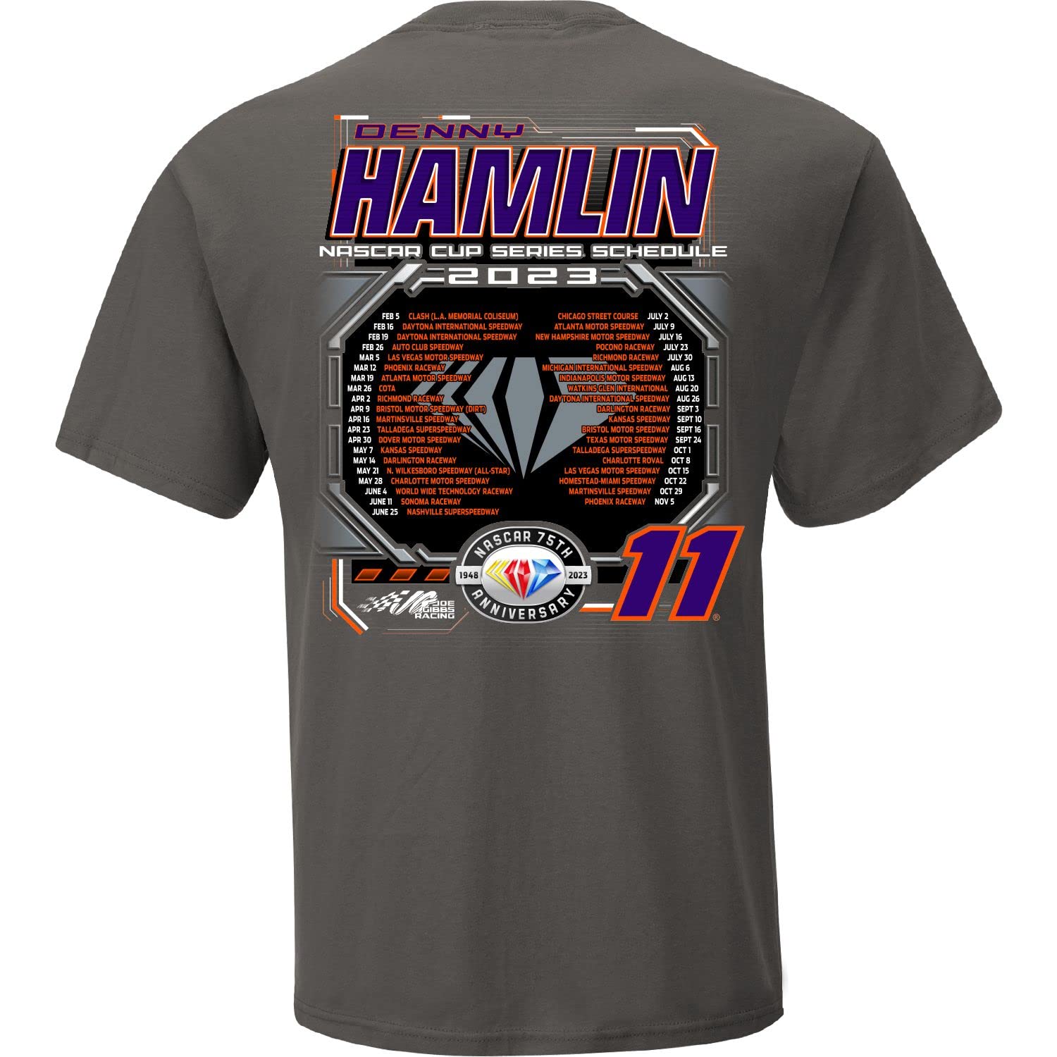 Checkered Flag Sports Denny Hamlin 2023 Cup Series Schedule T-Shirt Gray (as1, Alpha, l, Regular, Regular, Large)