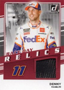 denny hamlin race used memorabilia swatch trading card (nascar, auto racing) 2021 donruss race day relics #rdrdh - autographed nascar cards