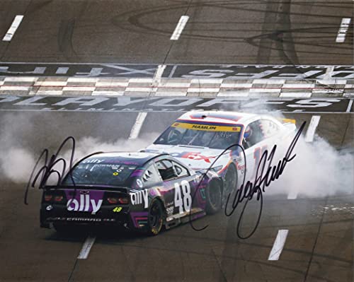 2X AUTOGRAPHED Alex Bowman & Denny Hamlin 2021 Martinsville Win DENNY STOPS BURNOUT Dual Signed 8X10 Inch Picture NASCAR Photo with COA