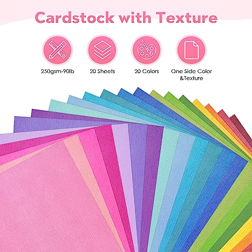 20 Sheets Rainbow Colorful Cardstock Textured Assorted Colored Paper 250gsm Single-Sided Printed Thick Card Stock for Card Making, Scrapbooking