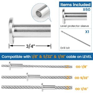 Muzata 60Pack Cable Railing Kit Protective Protector Sleeves Grommet for Wood Posts for 1/8" 5/32" 3/16" Wire Rope T316 Stainless Steel Cable Deck Hardware CR88