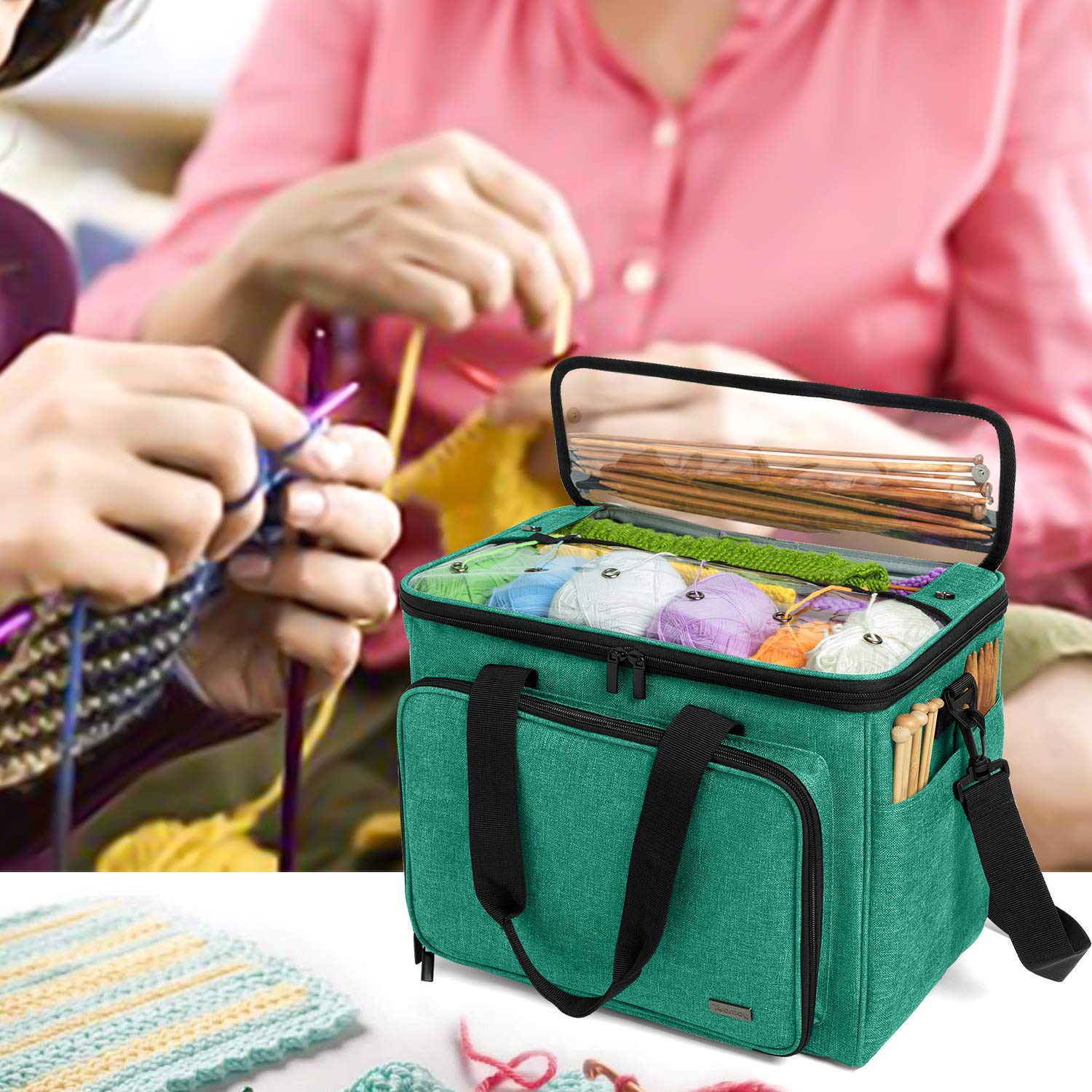 Teamoy Knitting Bag, Yarn Tote Organizer with Inner Divider (Sewn to Bottom) for Crochet Hooks, Knitting Needles(Up to 14”), Project and Supplies -No Accessories Included, Green