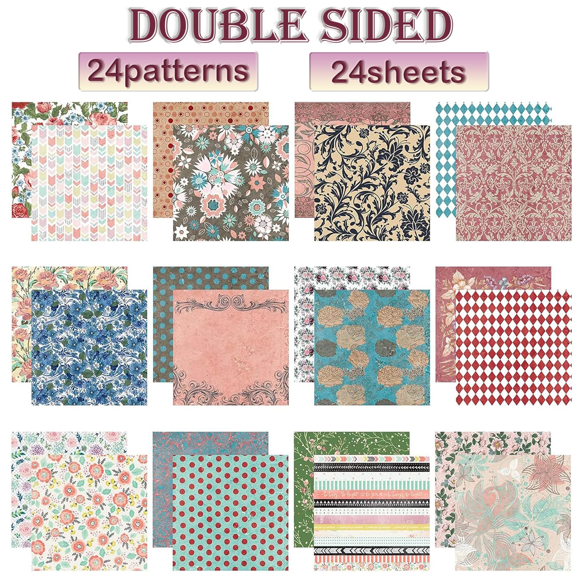 GLKTOPO Double-Sided Scrapbook Paper 12x12 Card Stock, Floral Patterned Scrapbooking Pack, Heavyweight Premium Printed Background, Theme Cardmaking Decor Craft for Art Project-24 Pages