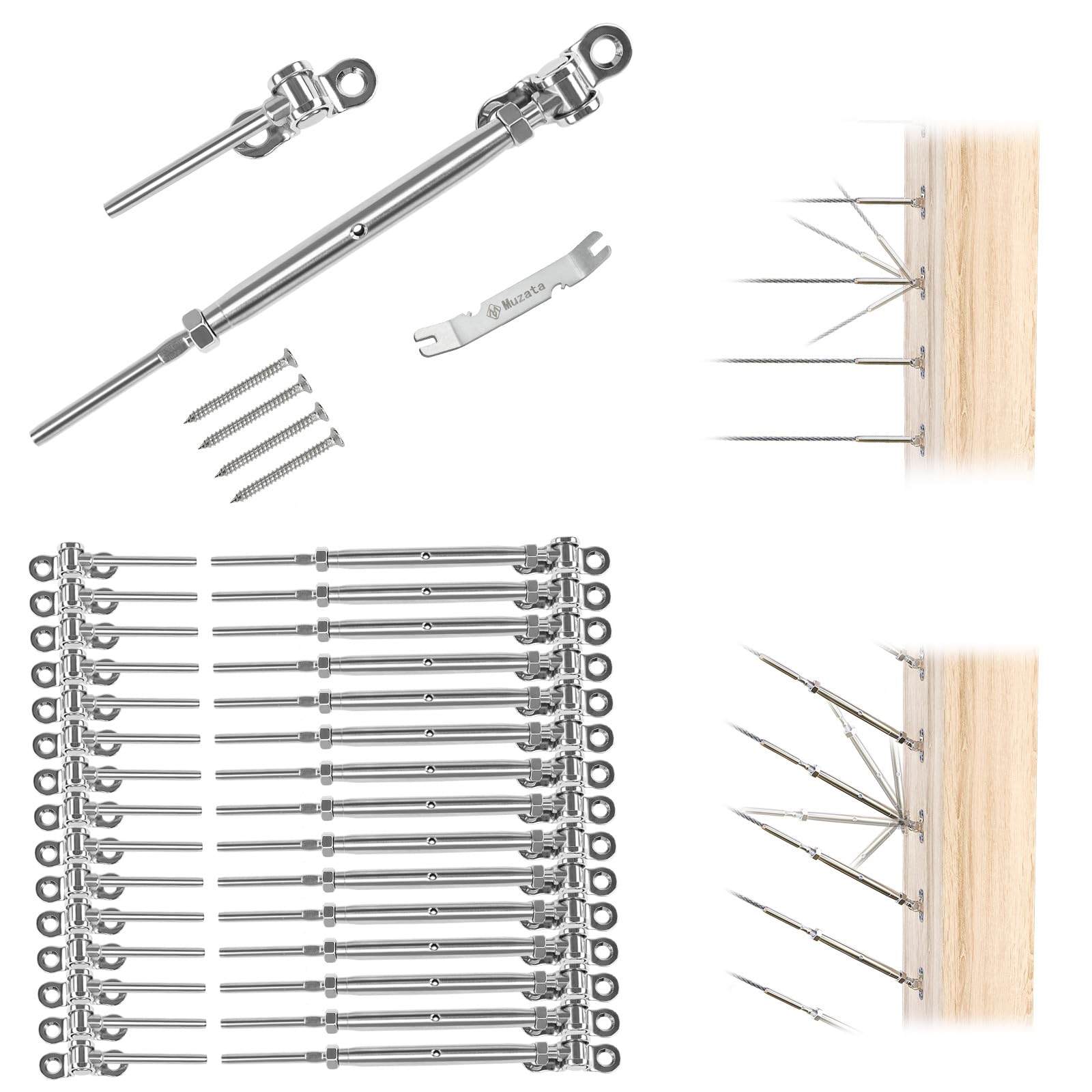 Muzata 16Pairs Cable Railing Kit 1/8" Swage Toggle Turnbuckle Hardware T316 Stainless Steel for Wood Post WoodEasy System Angle 180° Adjustable Stairs Deck 16 Cable Lines CK07 NN1,CA4 CA5