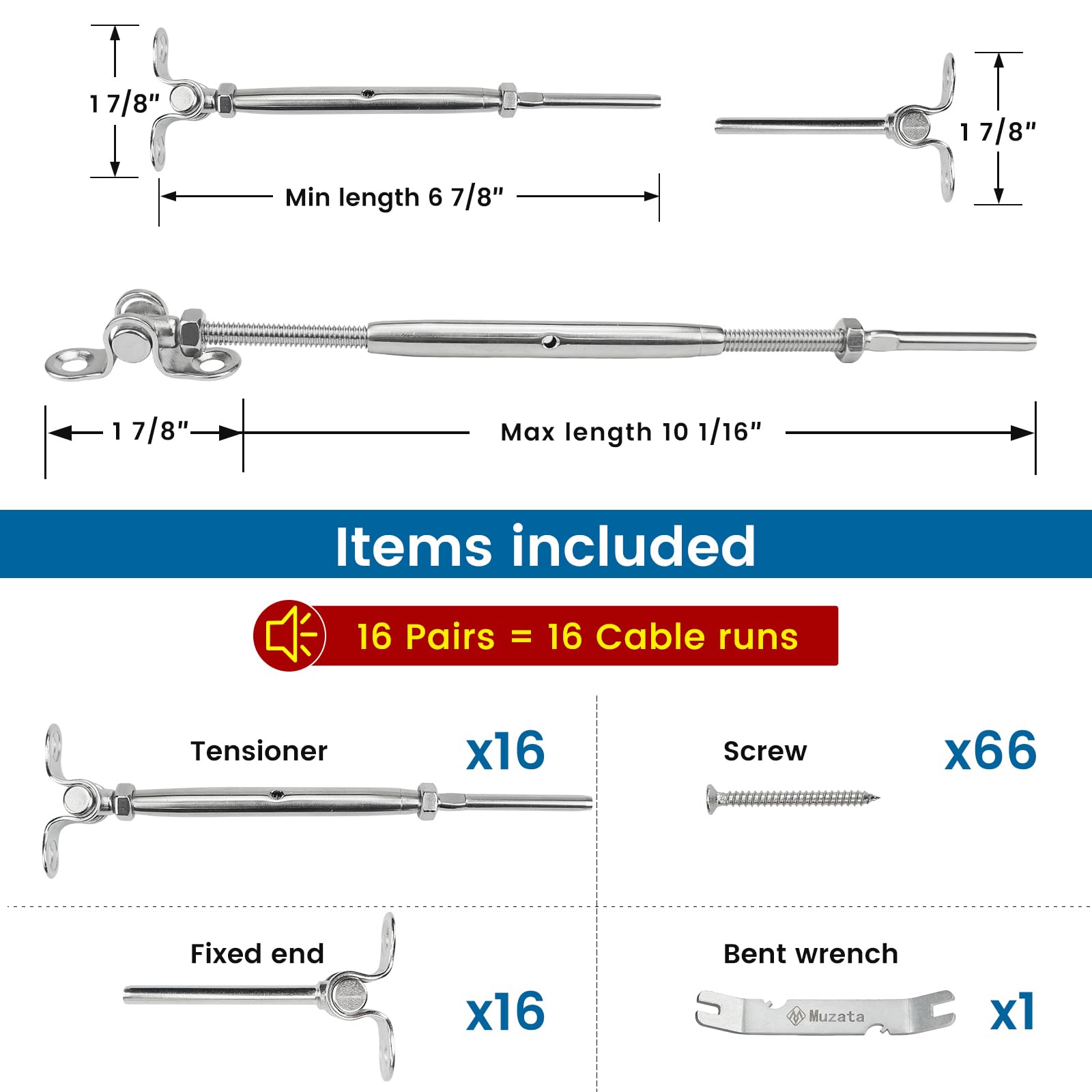 Muzata 16Pairs Cable Railing Kit 1/8" Swage Toggle Turnbuckle Hardware T316 Stainless Steel for Wood Post WoodEasy System Angle 180° Adjustable Stairs Deck 16 Cable Lines CK07 NN1,CA4 CA5