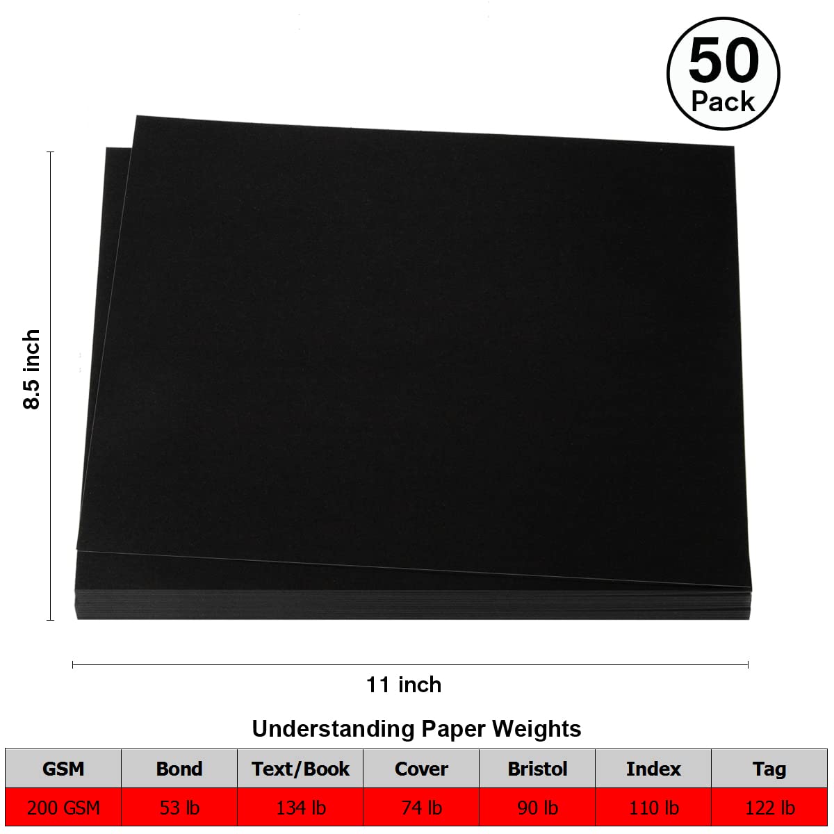 50 Pieces 8.5" x 11" Black Cardstock, Heavyweight Cardstock Sheets Blank Invitation Paper Greeting Cards Printable, 74lb Cover 200 GSM